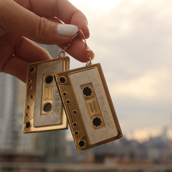 NEW Acrylic Cassette Tape fun retro gold Earrings - Picture 5 of 8